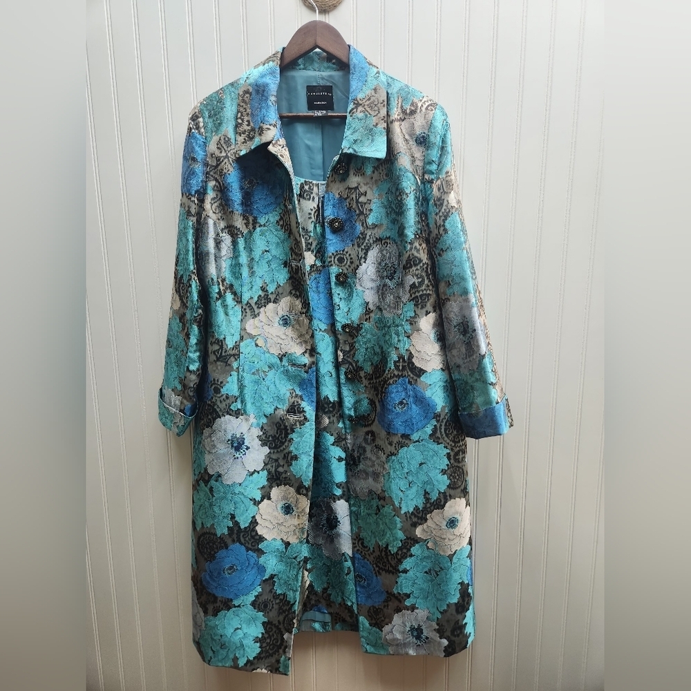 Doncaster Collection Blue Floral Jacquard Women’s Dress and Coat Set Size 16 - Picture 3 of 15